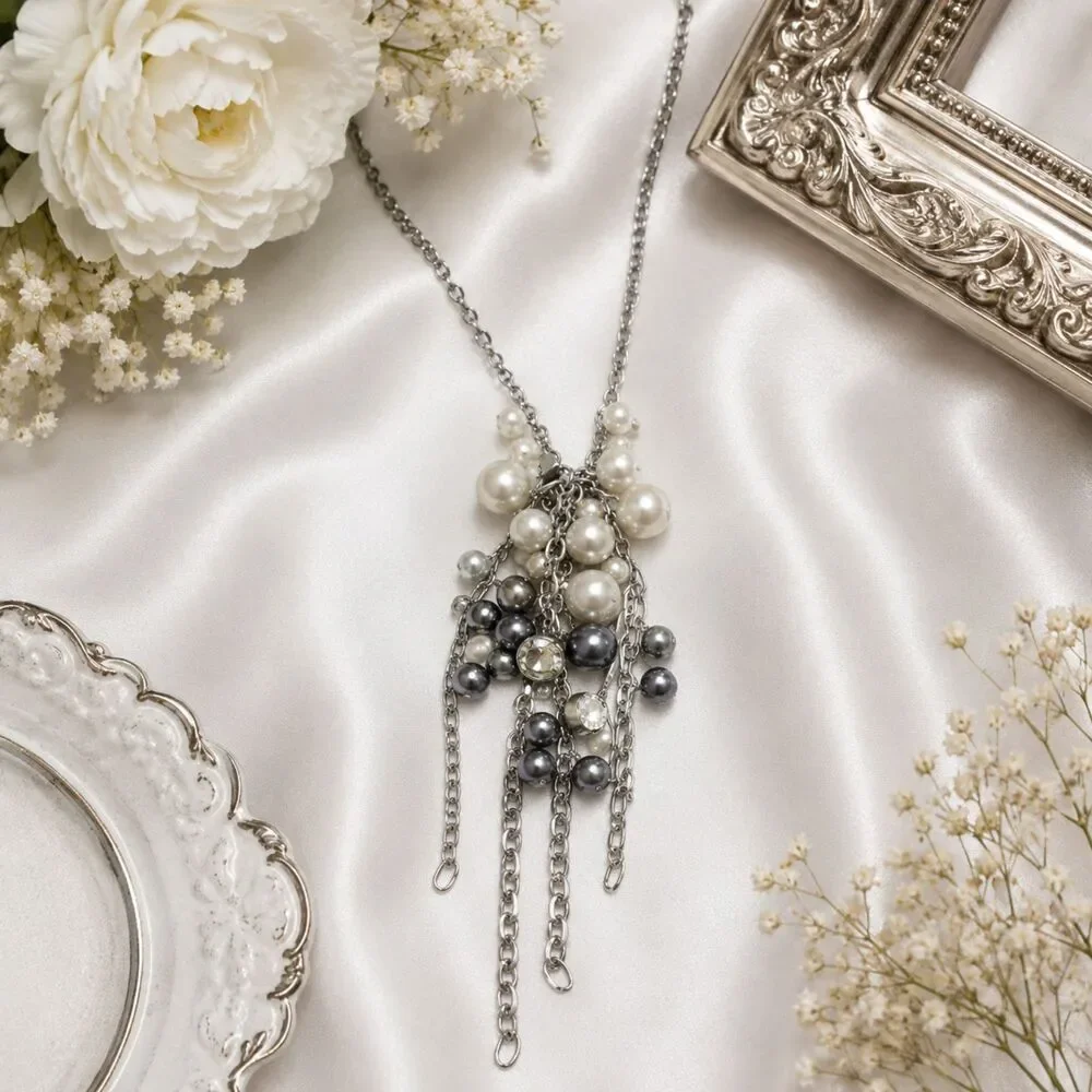 Silver Tone Pearl Rhinestone Tassel Necklace White Gray Pearls Long 28